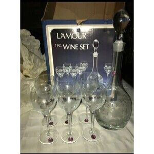 7pc L'AMOUR WINE SET 6 Glasses & CRYSTAL Decanter Hand Cut ROMANIA BNIB